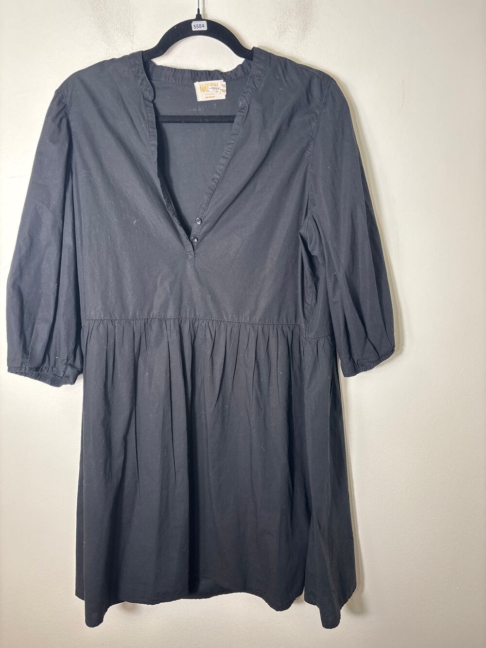 Nation Los Angeles Black 3/4 Sleeve Cotton V-Neck Dress Sz M